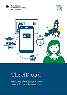Titelbild der Broschüre "The eID card for citizens of the European Union and the European Economic Area" mit grafischen Elementen wie dem Logo der Online-Ausweisfunktion, einer Frau, einem Smartphone, einer eID-Karte, einem Schloss und Gebäuden.