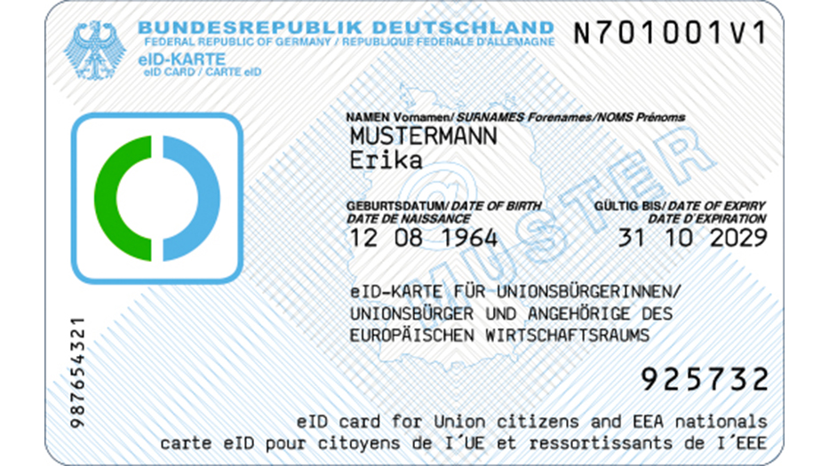 Front of the eID card for EU citizens and EEA nationals with the details of Ms Erika Mustermann. The logo of the eID function, the serial number and the CAN, details of the surname, first name, date of birth and validity are visible.